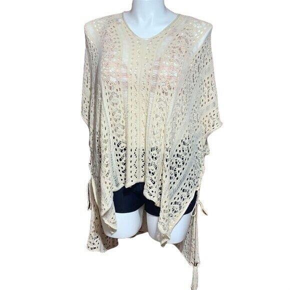 Womens Lacey Knit Crocheted Pullover Poncho Sweater Coverup Tan OS - Picture 1 of 13